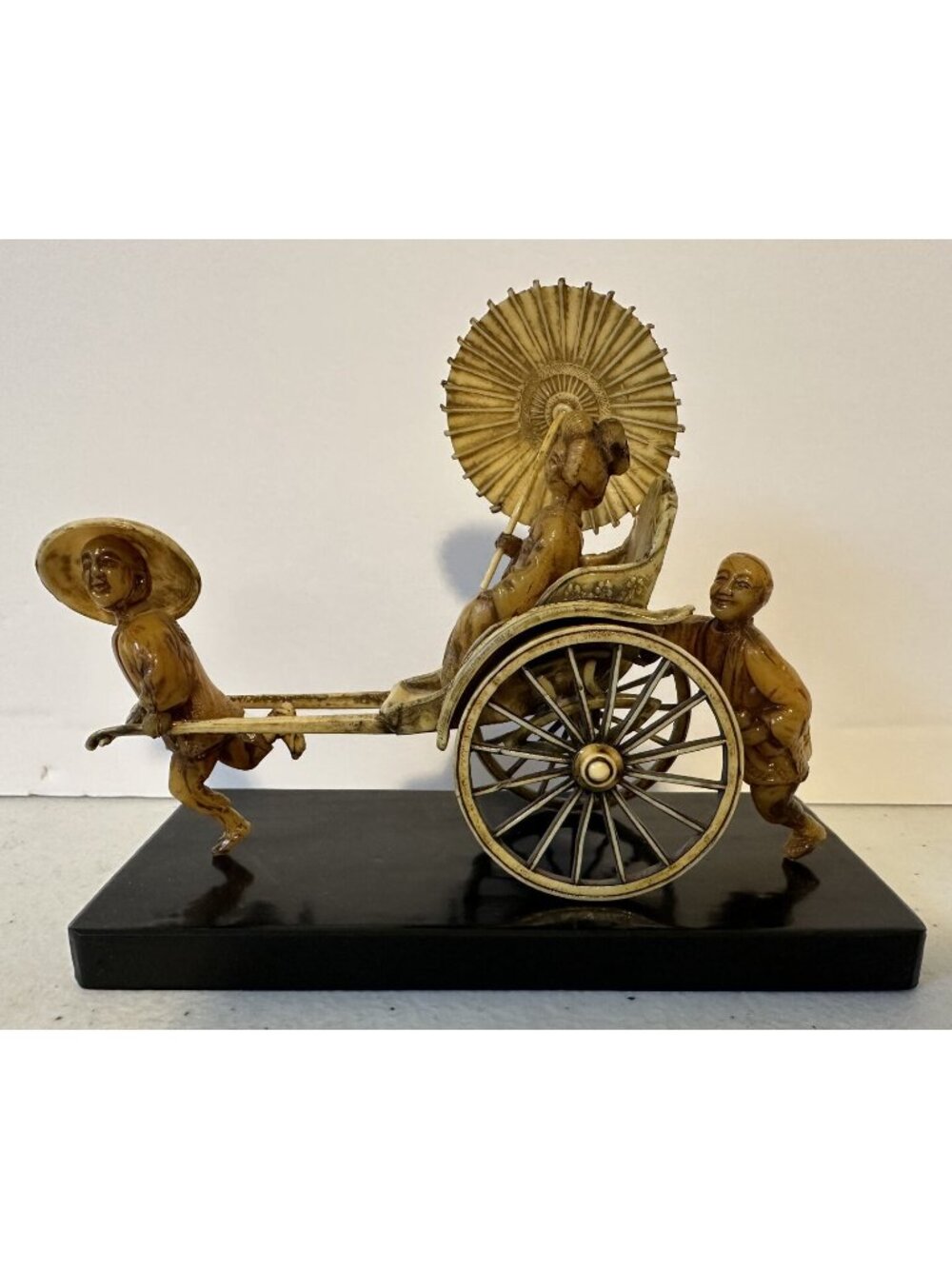Vintage celluloid Japanese rickshaw figurine 3 people Geisha parasol resin Japan
